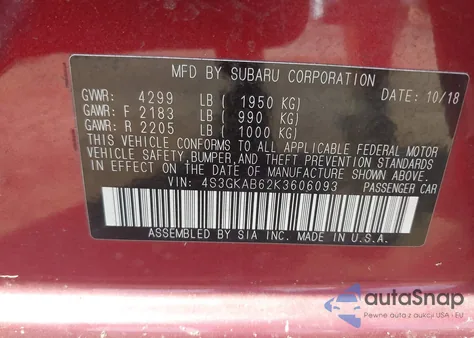 2019 Subaru Impreza 2.0I из США, поврежденный, VIN 4S3GKAB62K3606093